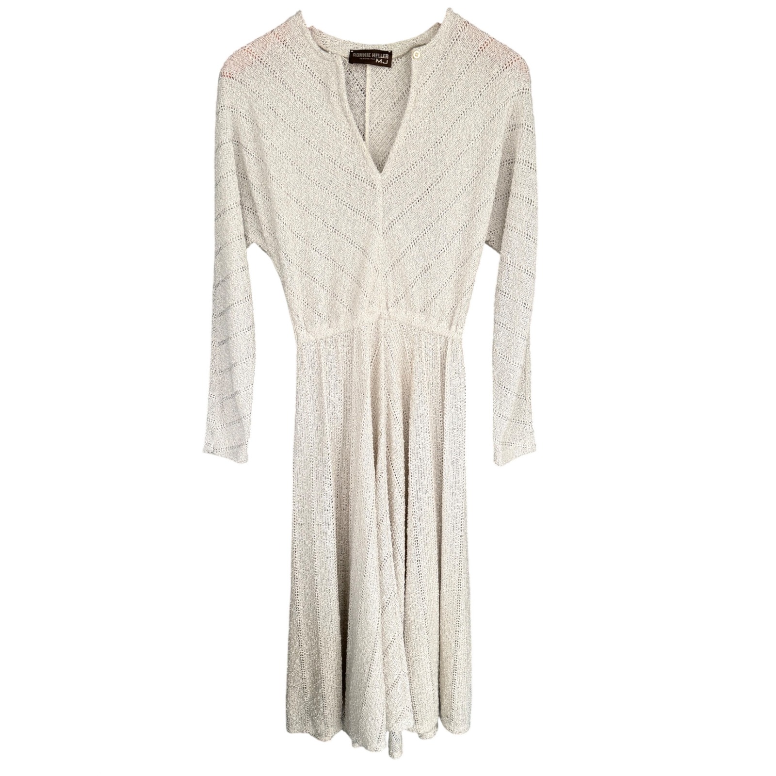 A8 70s Vtg Ronnie Heller Designs For Mj Knit Dress Sheer Open Knit Oatmeal Boho